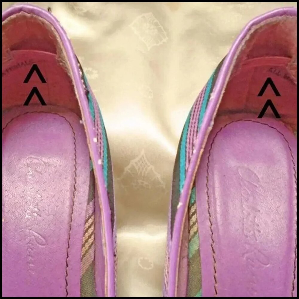 Vintage High Heel Shoes Purple Turquoise Fabric Pumps with Rosette - 80s - Picture 5 of 11
